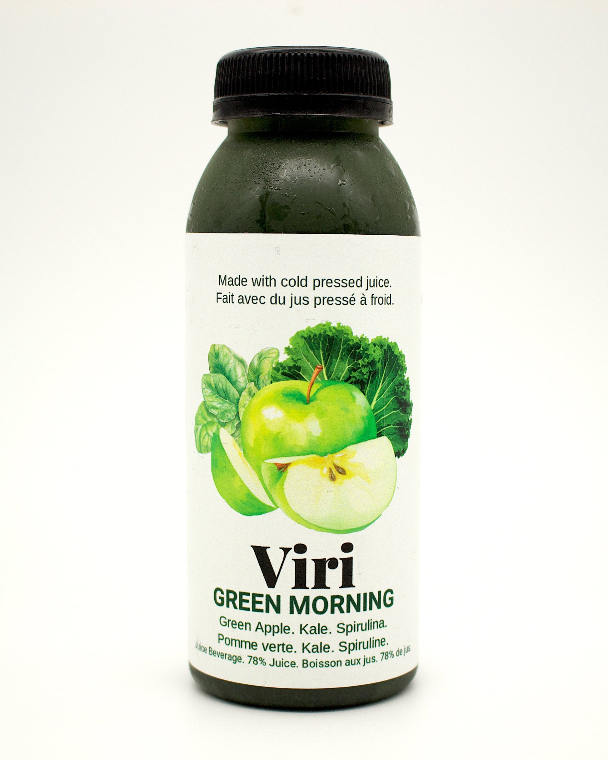 Bottle of Viri Green Morning juice with green apples on a white background