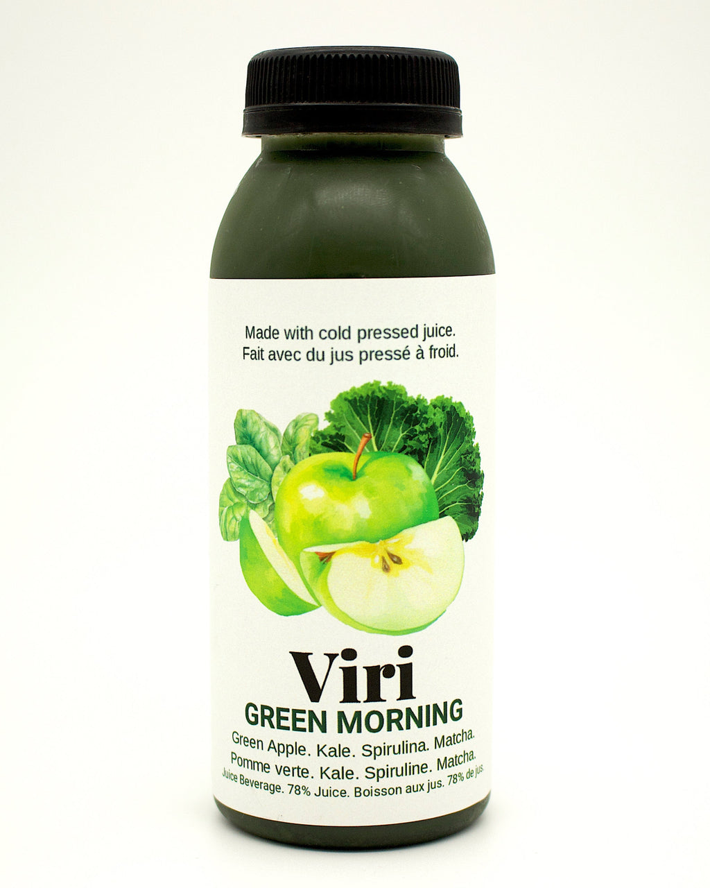 Bottle of Viri Green Morning juice with green apples on a white background