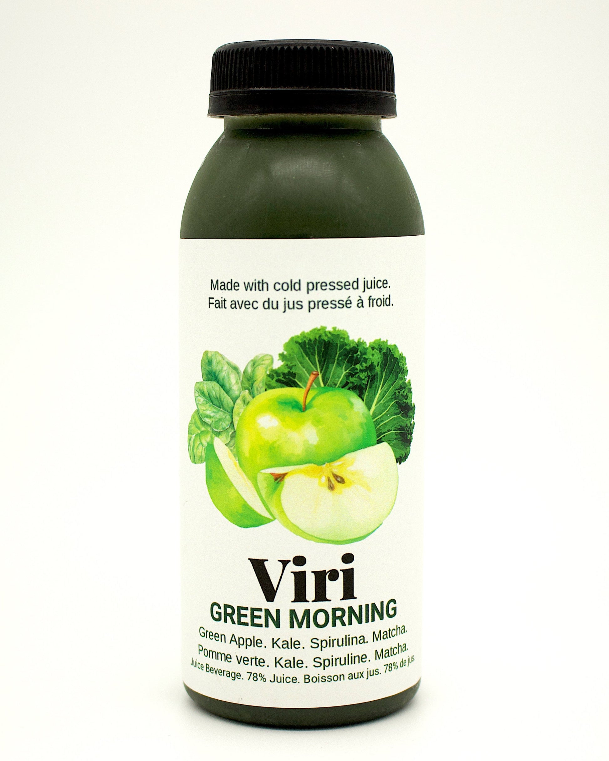 Bottle of Viri Green Morning juice with green apples on a white background