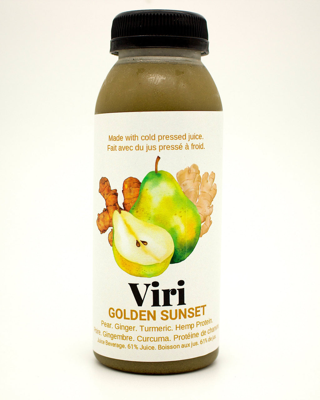 Bottle of Viri Golden Sunset juice with pear illustration on a white background