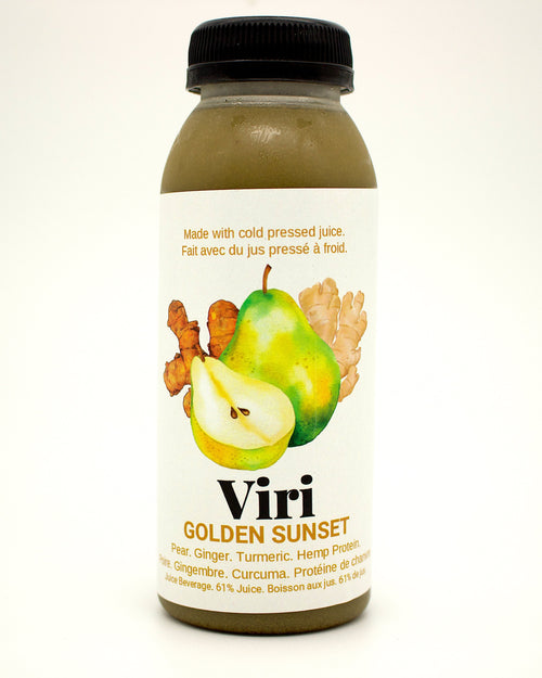 Bottle of Viri Golden Sunset juice with pear illustration on a white background